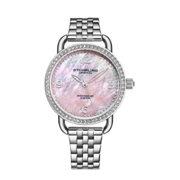 Stuhrling Crystal Accented Mother of Pearl Bracelet Womens Watch - Picture 1 of 3
